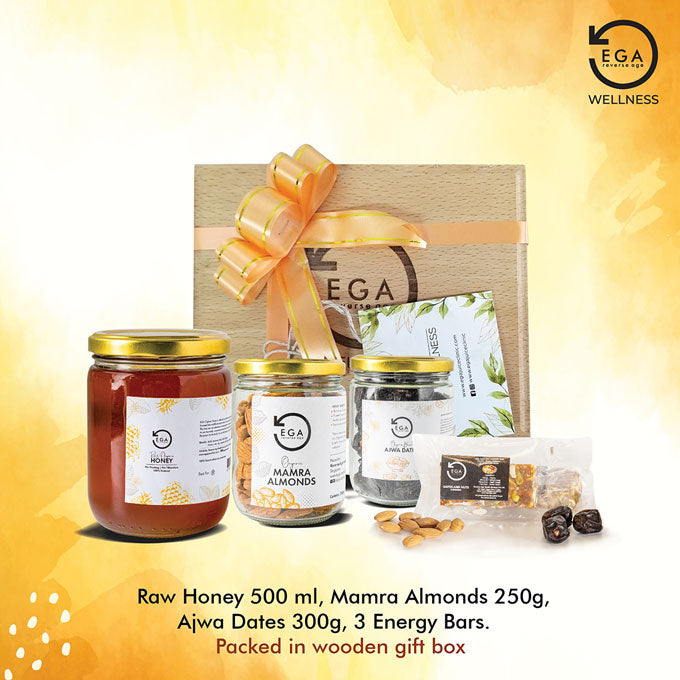 EGA wooden festive gift box with honey, almonds, ajwa dates and energy bars