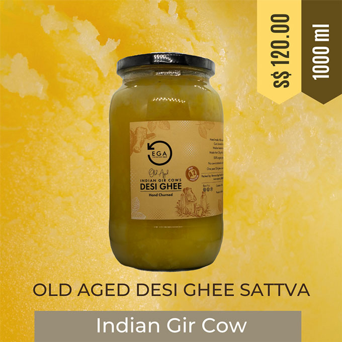 aged desi ghee from gir cows, this ghee is hand churned.