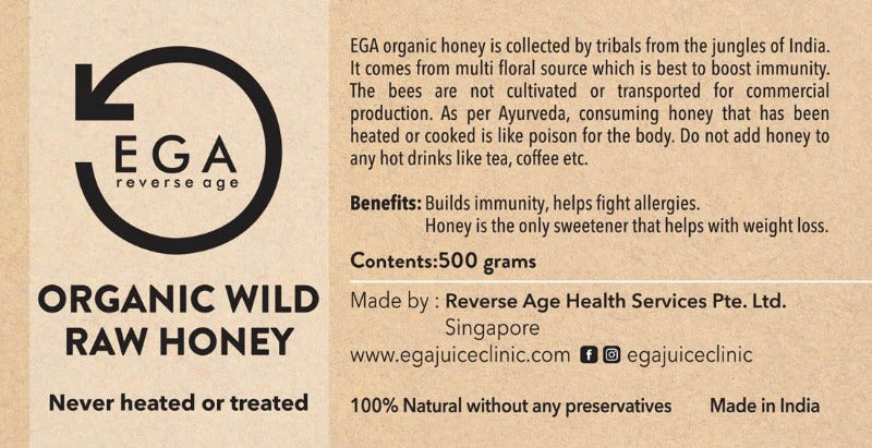 Organic Raw Wild Ayurvedic Honey label 500gm